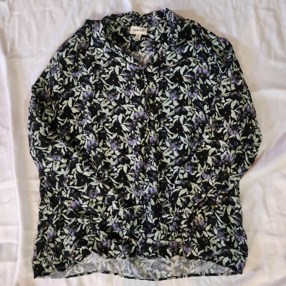 Open Edit Black Purple Floral Viscose Blouse XL Boho Nordstrom